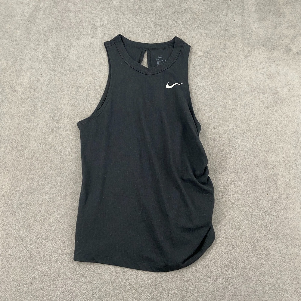 Nike Tank Top Womens Large Black Dri FIt Ruched Side Yoga Training Keyhole Back